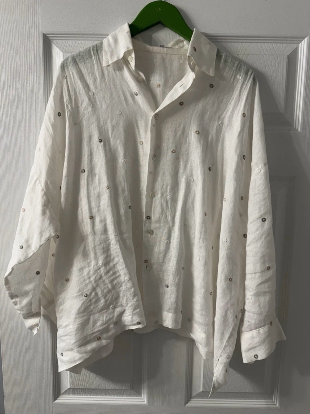 eskandar White Linen Button-Down Shirt with Metallic Spot Embellishments